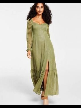 Bar III Olive Green Sweetheart Maxi Dress with Front Slit